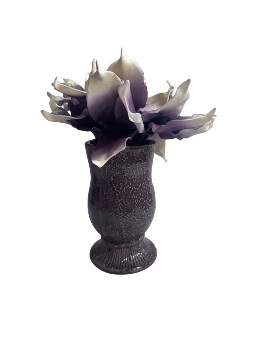 Purple White Artificial Calla Lily Petals In Textured Ceramic Vase Centerpiece D